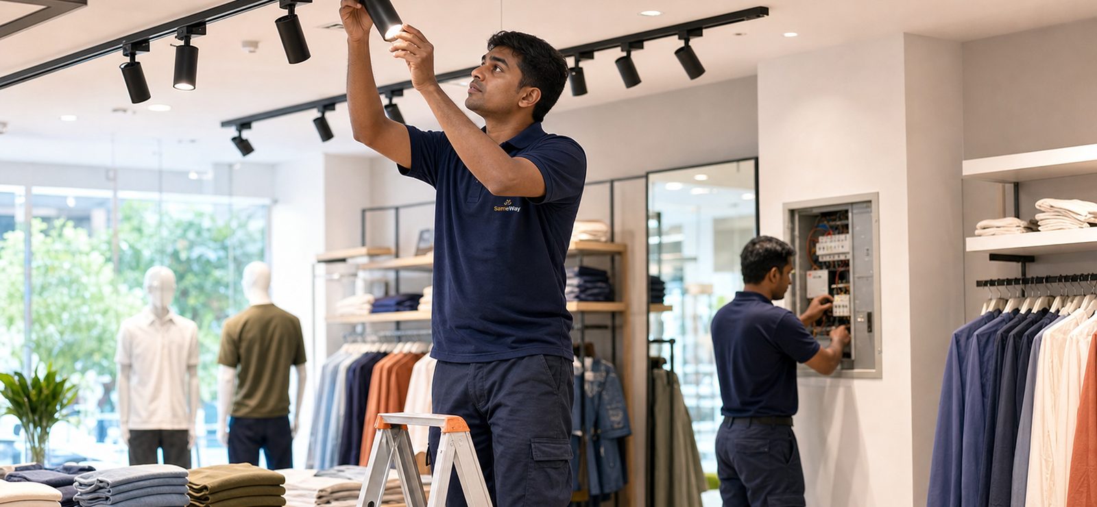 Sameway electricians servicing a retail shop in Trivandrum