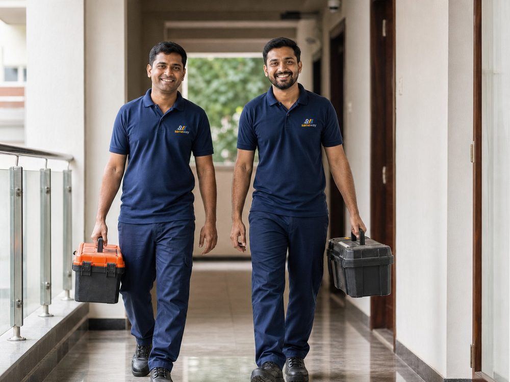 Two Sameway maintenance technicians in branded uniforms arriving on a job in Trivandrum