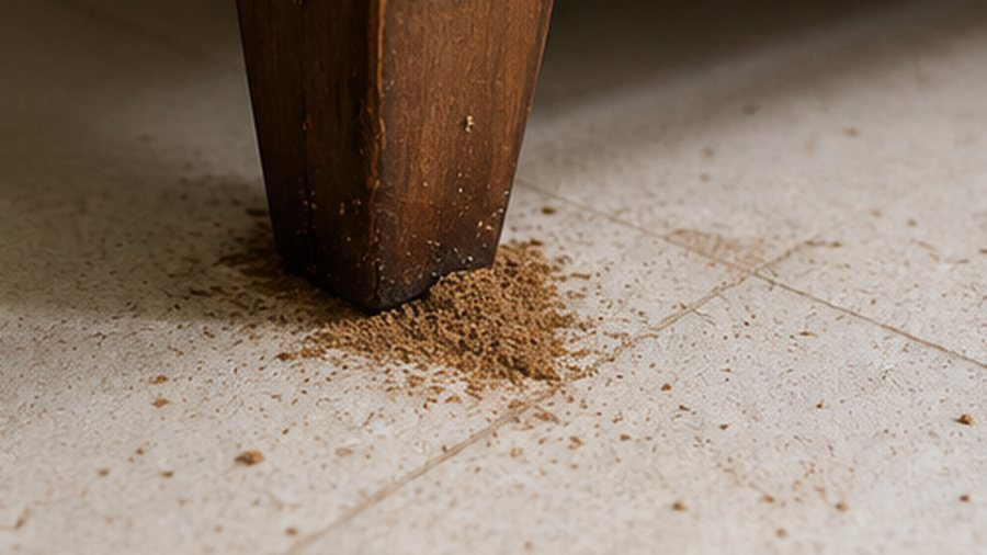 Powder or mud lines near wooden furniture